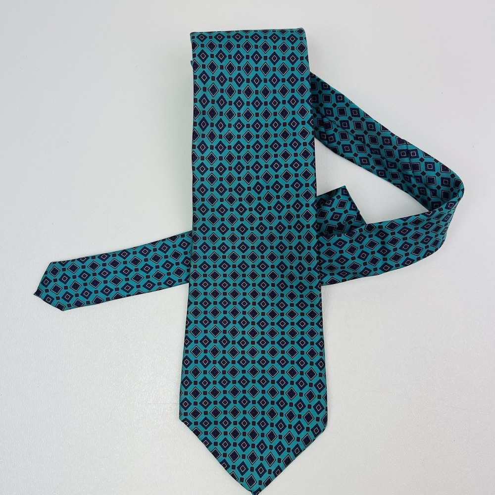 Don Loper Beverly Hills‎ Tie Mens Teal Blue Geometric Pattern Necktie